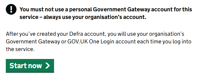 GOV.UK page with a warning about personal accounts and a green 'Start now' button.