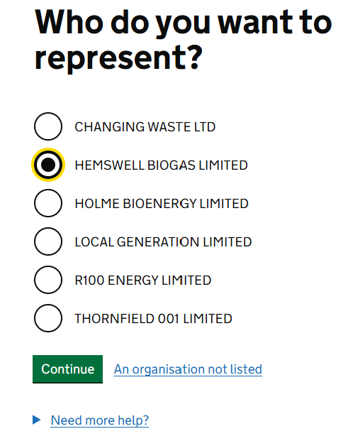 GOV.UK screen 'Who do you want to represent?' listing the six BioteCH4 organisations.