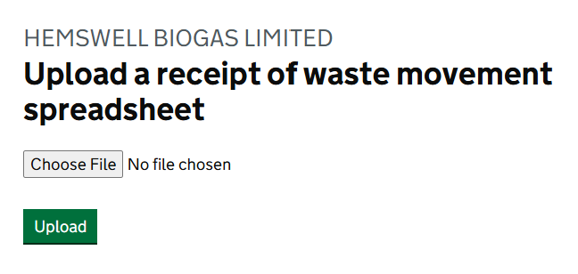GOV.UK screen 'Upload a receipt of waste movement spreadsheet' with a Choose File button and an Upload button.