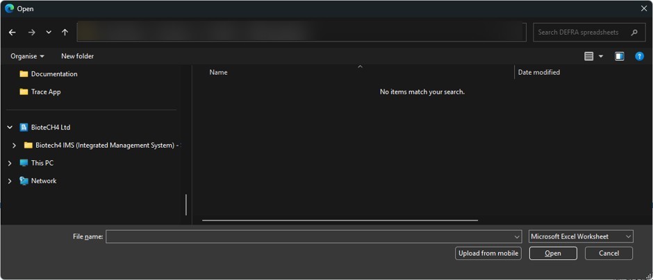 A Windows 'Open' window showing folders on the left and Open and Cancel buttons at the bottom right. The folder path is blurred.