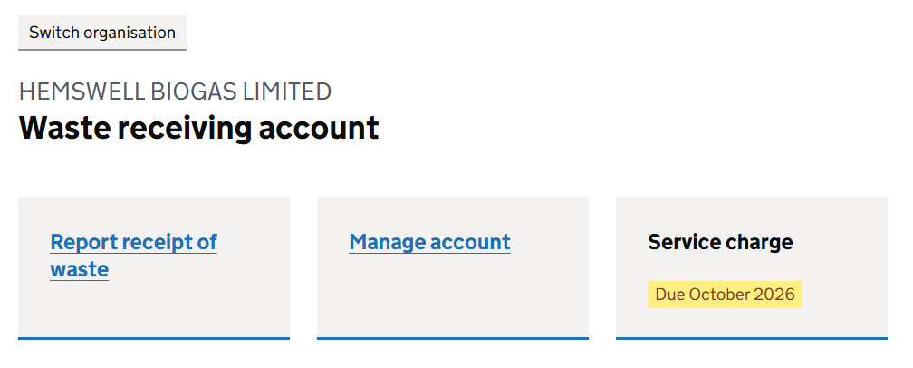 GOV.UK 'Waste receiving account' screen with links for Report receipt of waste and Manage account.