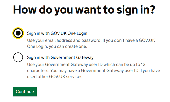 GOV.UK screen 'How do you want to sign in?' offering GOV UK One Login or Government Gateway.
