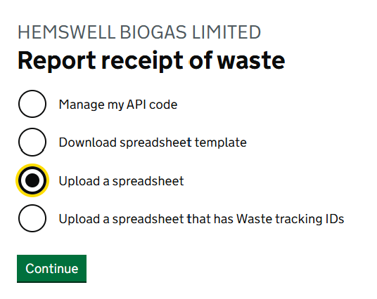 GOV.UK screen headed 'Report receipt of waste' with four options. 'Download spreadsheet template' is the second one.